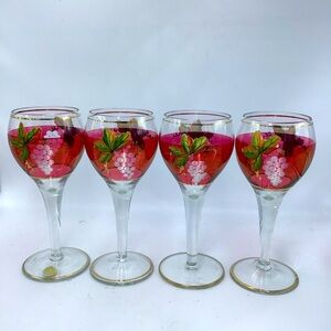 Four Vintage Red Banded Wine Glasses Made in Roumania
